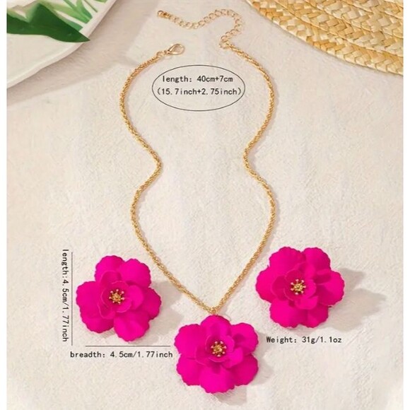 3 pc Bright Pink Flower Earrings NECKLACE Jewelry Set - Picture 4 of 7